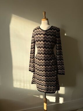 Monsoon Chevron Knit Dress NWT Black Beige Zig Zag Mini Dress Size US 12